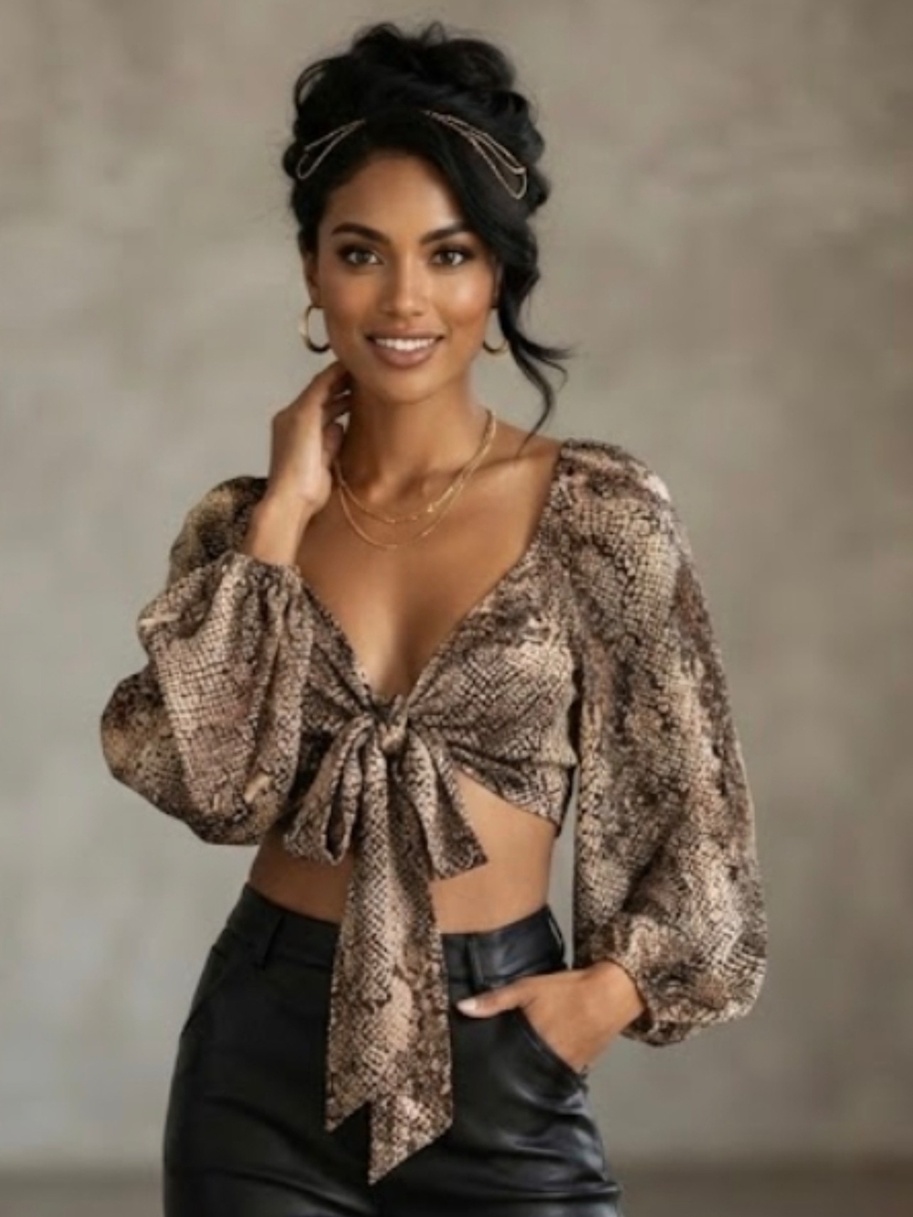 Audrey 3+1 Brown Snake-Print Tie-Front Crop Top
